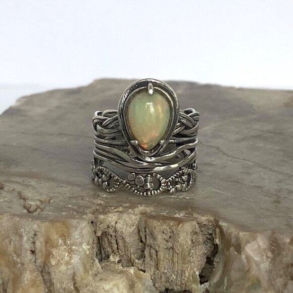Sterling Silver 925 PZ Modernist Israel Opal Teardrop Wide Band Ring Sz 5.75 - Picture 2 of 16